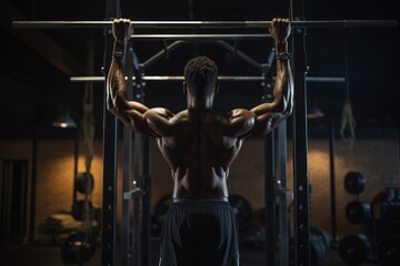 a black afro-american athlete with healthy muscular body doing pullups on a horizontal bar in a gym while sweating and improving his physical body form. Generative AI