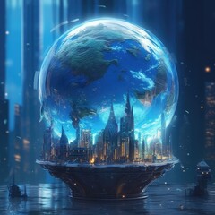 Blue-colored globe with water falling down at the top