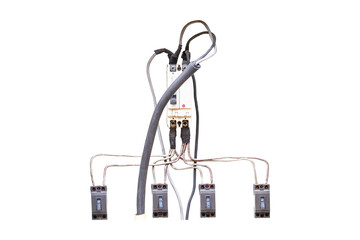 structure old breaker electrical is damaged broken circuit board isolated on cut out PNG. Main substation power button to distribute electricity supply. Temporary distribution electric control.