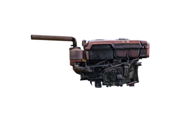 Old black parts and diesel engine damaged of large water pump agricultural machinery isolated on cut out PNG. Black oil and grease overflowing from engine.