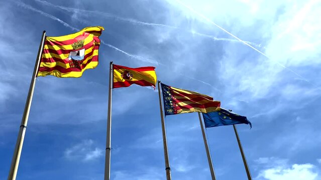 Spain flag and of the European union flag. Flag of Valencian Community is an autonomous community of Spain. Catalonia Barcelona flags with spain and europe flag. 