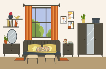 Living room interior. Modern furniture - a wardrobe and a bed, a bedside table with a mirror, paintings and shelves on the wall. Vector illustration. For use in flyer design, flyers, social media and
