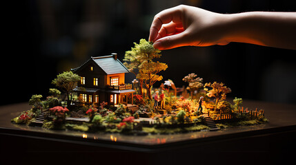 Build the house of your dreams, add the finishing touches to a miniature landscape by hand, real estate, model making, realtors, Generative AI
