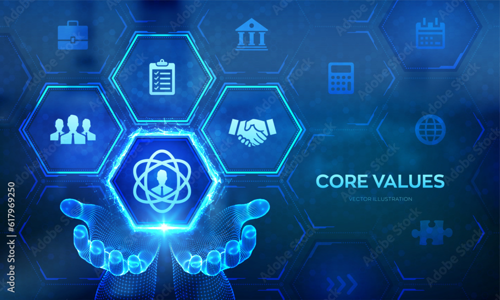 Poster core values icon in wireframe hand. responsibility ethics goals company concept on virtual screen. c