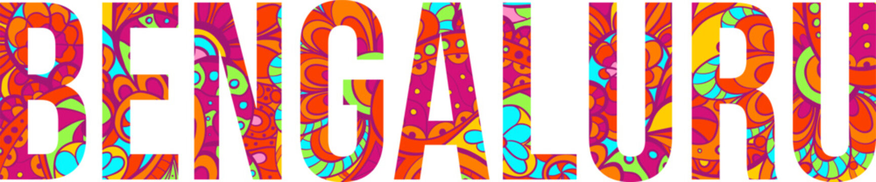 Bengaluru creative city name text filled with colorful doodle pattern