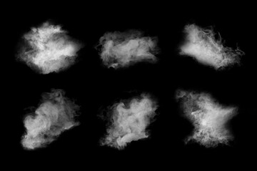 Set with different clouds of white smoke on black background