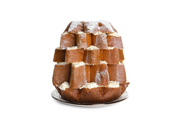 Delicious Pandoro Christmas tree cake decorated with powdered sugar on white background