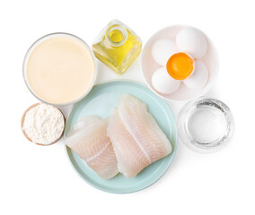 Cooking fish in soda water batter. Different ingredients isolated on white, top view