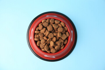 Dry dog food in feeding bowl on light blue background