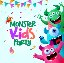 Monster kids party vector design. Birthday party invitation card with colorful and funny monster character decoration. Vector illustration cute mascot characters.