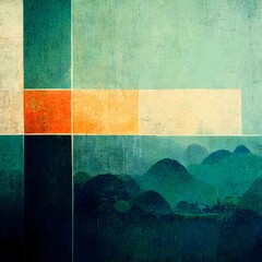 Japanese village light blue and grass green Abstract Thick strokes 