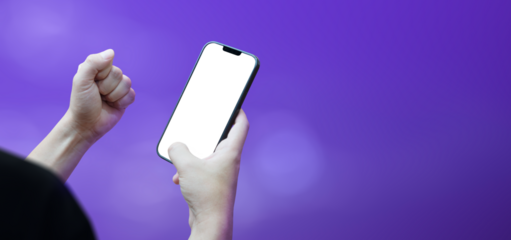 person celebrating with his fist with his mobile phone with transparent screen png - concept of winning a video game