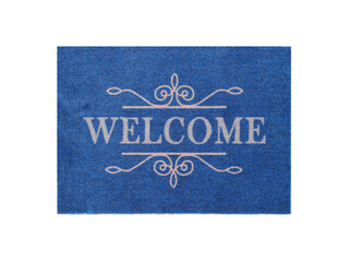 Blue doormat with word Welcome isolated on white, top view
