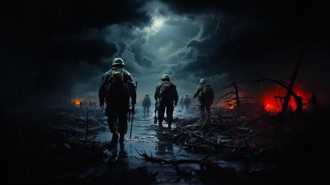 Soldiers from behind walk through a flooded area in the dark of night. Fire, rain and thunderstorms paint a somber mood, D-Day-like war scene, generative AI