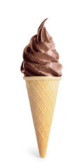 Delicious soft serve chocolate ice cream in crispy cone isolated on white