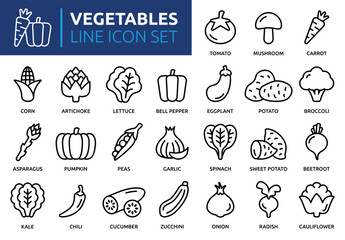 Vegetables icon set. Containing tomato, mushroom, carrot, corn, eggplant, beetroot, potato, lettuce and onion icons. Outline icon collection. Vector illustration. - obrazy, fototapety, plakaty