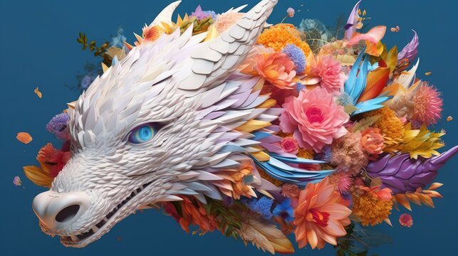 Colorful dragon head made of flowers and leaves
