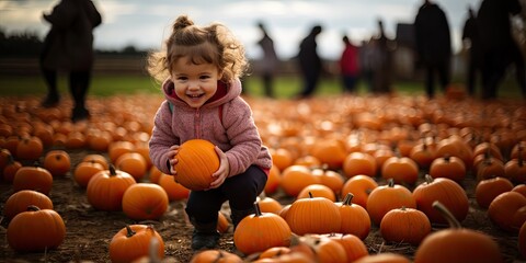 Fototapeta premium Little girl picking pumpkins on Halloween pumpkin patch