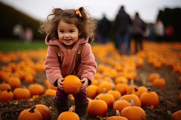  Little girl picking pumpkins on Halloween pumpkin patch - Powered by Adobe