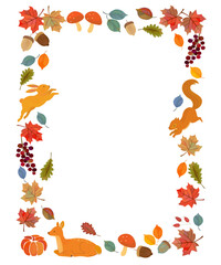 秋の動物と植物の背景フレーム　リス、ウサギ、鹿