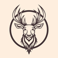 Vector Deer Head with Horns, Antlers. Hand Drawn Black and White Portrait of Reindeer with Outline, Front View. Design Template for Wildlife, Hunters, Hipster, Christmas, New Year Concept