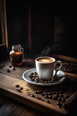 Fototapeta premium hot coffee with coffee beans on wood table