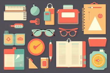 school items and elements learning study, flat design, Back to school concept