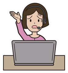 パソコン入力をしながら電話応対をする若い女性　コールセンター 困り顔&nbsp;こちらをご覧下さい　指摘　案内