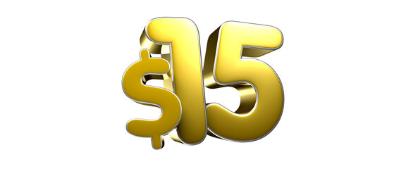 Golden yellow number 15 dollars. Advertising signs. Product design. Product sales.