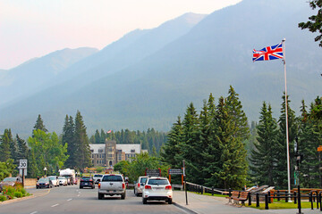 Looking Down Street in Banff, Canada with British Flag