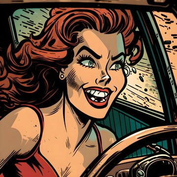 frontal medium shot of a smiling woman driving a family car moody 60s comic book style ultra detailed cinematic ar 