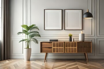 Two blank picture frame mockup in home interior design. Living room, commode with lamp and vases