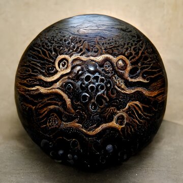 ripples on a carved noble wood block A sphere trimmed in with holes Looking like octopusHigh contrast and fine texture Depth dreamlike atmosphere intricate details like alveolar lichen 