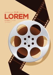 Movie poster design template background with vintage film reel