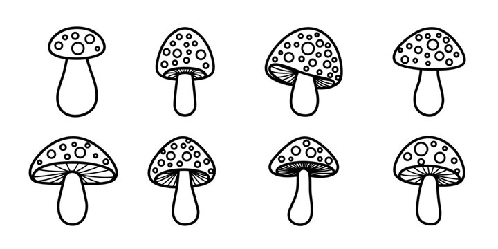 Vector Flat Mushroom Icon Set Isolated. Amanita Muscaria, Fly Agaric Sign, Mushrooms Collection. Magic Mushroom Symbol, Design Template. Vector illustration