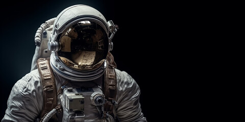 Cosmonaut or astronaut in a spacesuit, close-up and on an isolated black background. Generative AI