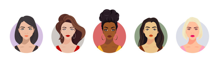 Vector Woman Avatar Set. Beautiful Young Girls Portrait Collection, Different Hairstyle. Female Face Types, Different Nationalities Portraits. Cartoon Multiethnic Society in Flat Style. Front View