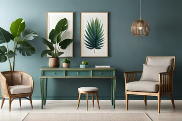 Stylish interior design living room with wooden retro commode, chairs, tropical plants in rattan pots, baskets and elegant personal accessories.