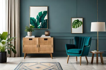 Stylish interior design living room with wooden retro commode, chairs, tropical plants in rattan pots, baskets and elegant personal accessories. Mock up poster frame on wall. Templates.