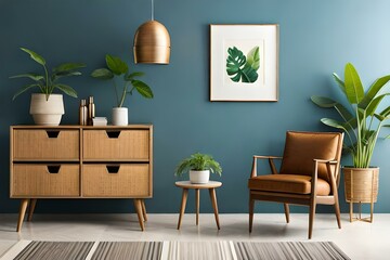 Stylish interior design living room with wooden retro commode, chairs, tropical plants in rattan pots, baskets and elegant personal accessories. Mock up.