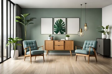 Naklejka na ściany i meble Stylish interior design living room with wooden retro commode, chairs, tropical plants in rattan pots, baskets and elegant personal accessories. Mock up.