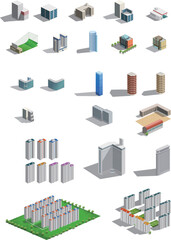 Building icons for your design needs. A collection of simplified building icons with a three-dimensional feel