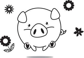 Obraz na płótnie Canvas Line character pig is running straight ahead, waving flowers