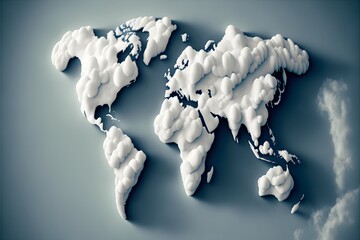 world map shaped white realistic clouds 