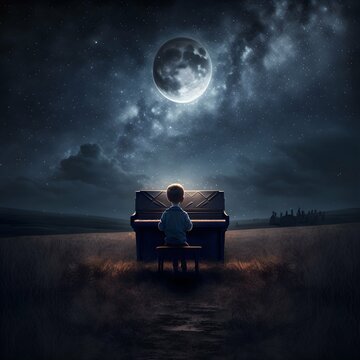 A boy playing piano on the field under the night sky moon shining on the boy on the sky very many stars very realistic cinematic photo from behind ultra detailed photorealistic HD unreal engine 5 