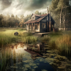 Obraz premium An old wooden hut on the shore of a small overgrown and picturesque forest lake. Generative AI