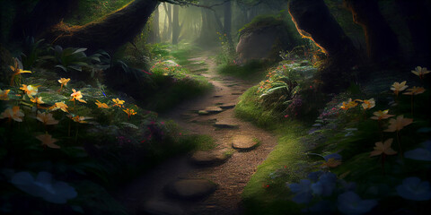 Path in a fabulous dense evening forest. Generative AI