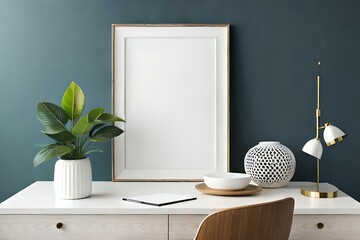Blank picture frame mockup in the white table and vase isolated on interior with copy space. Products placement and promotional