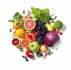 set of different fruits and vegetables on white background