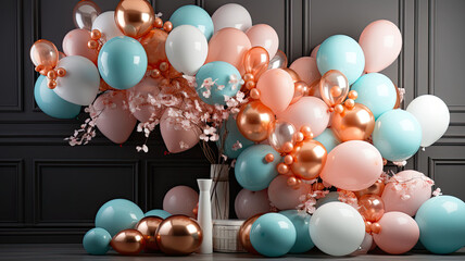 Birthday decorations - balloons, garland and decor for little baby party on a wall background